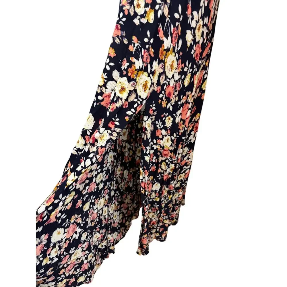 Lulus Navy Floral Maxi Dress M Sleeveless V-Neck Back Zip Side Slit Wedding
